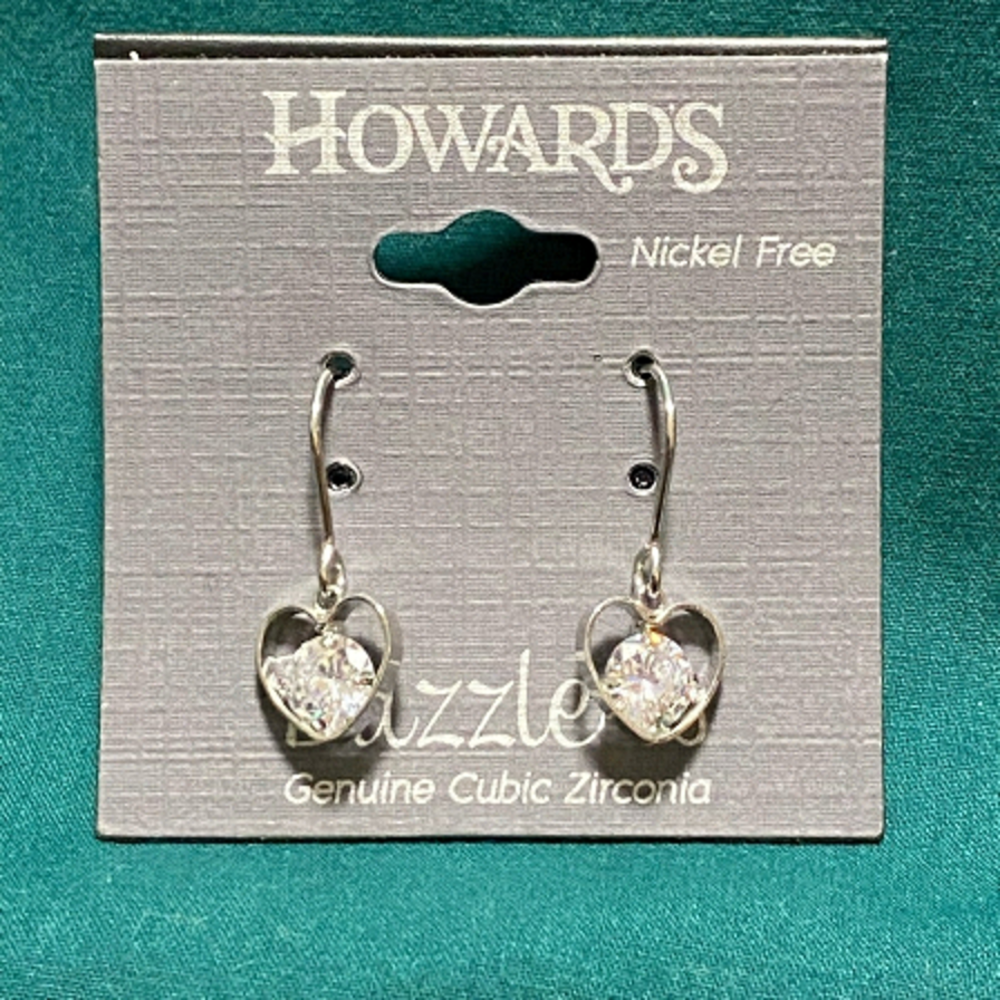 HEART Shaped Earrings with Genuine Cubic Zirconia, Nickel Free, Silver